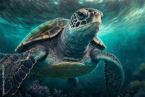 Sea turtle swimming in the Ocean, Digital Illustration, Concept Art, Generative AI