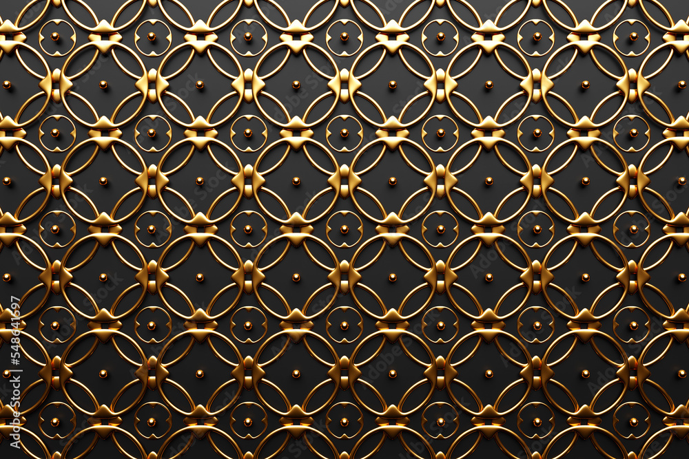 Golden floral pattern in oriental style on a green background. 3D illustration