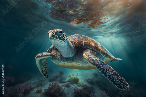 Sea turtle swimming in the Ocean  Digital Illustration  Concept Art  Generative AI