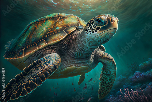Sea turtle swimming in the Ocean, Digital Illustration, Concept Art © Badger