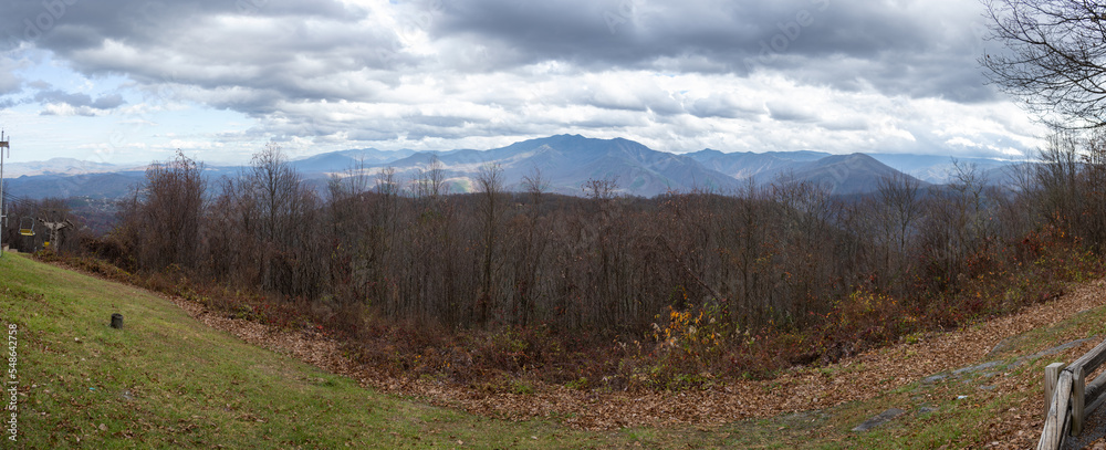 A panoramic view of the Great Smoky Mountains from Mount Harrison, Tennessee 