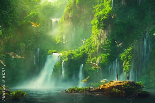 Fototapet picturesque landscape with waterfall and flying dinosaurs, Digital art style, illustration painting