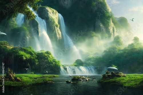 picturesque landscape with waterfall and flying dinosaurs, Digital art style, illustration painting. © X-Poser