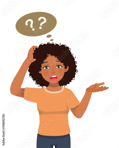 young African woman feeling confused scratching her head having no idea, clueless, don’t know, puzzled and doubt about the questions raising her hand