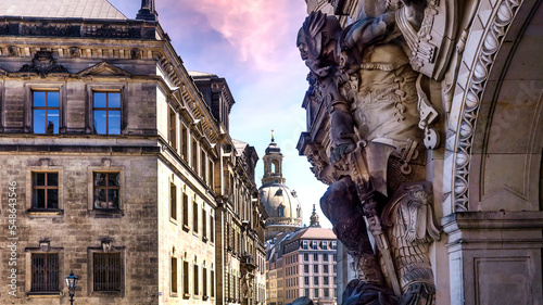 Church of Our Lady and wall sculpture at George Gate in Dresden,Saxony, Germany. Frauenkirche und Wandskulptur am Georgentor in Dresden,Sachsen, Deutschland photo