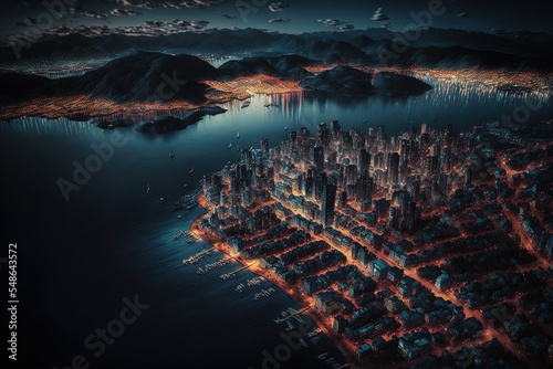 Aerial Shot Of City Buildings Lights At Night Time Near The Sea And Mountains