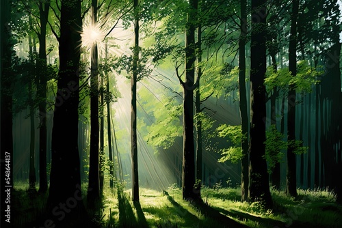 Summer Forest Landscape Green Trees In Sun Beam