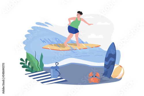 Boy Going Surfing At The Beach Illustration concept on white background
