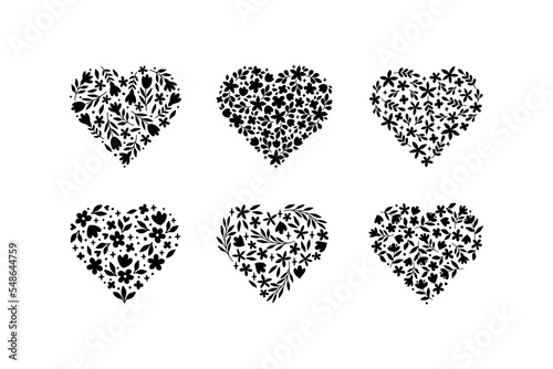 Floral heart vector illustration set. Hand drawn black silhouette with flowers, herbs, leaves for holiday - Valentine Day, Mothers Day, Womens Day. For greeting card, invitation, t shirt print, poster