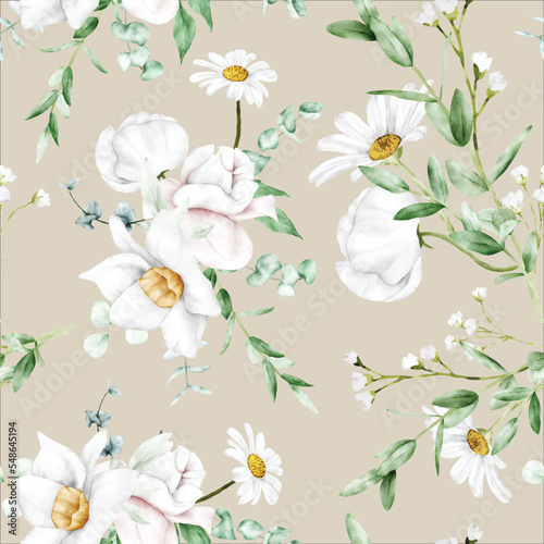 watercolor white floral seamless pattern