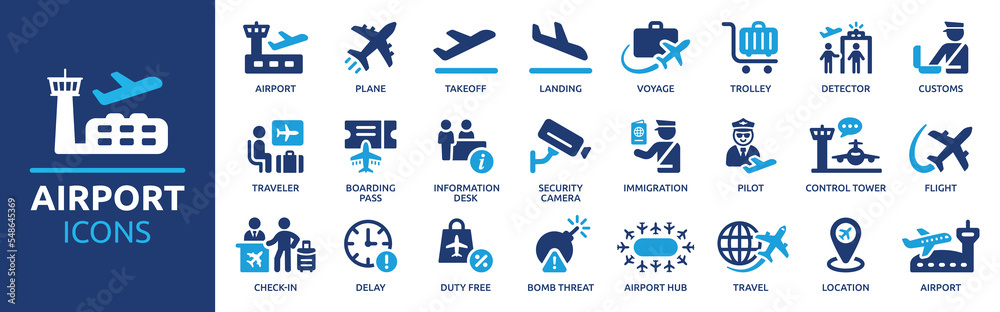 Airport icon collection. Containing plane, boarding pass, traveler, duty free, information desk, customs, detector, immigration and pilot icons. Airport icon element solid design. - obrazy, fototapety, plakaty 