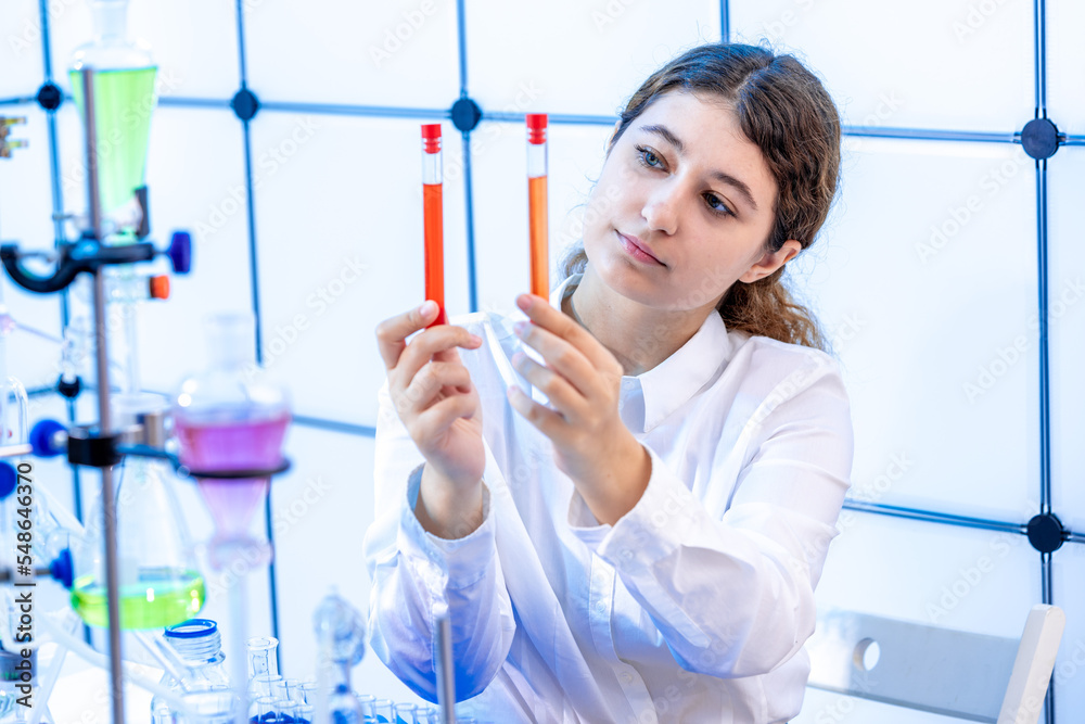 comparison of two test tubes with red liquid in a chemistry laboratory young female student at scientific practice comparison of two test tubes with red liquid in a chemistry laboratory young female student at scientific practice