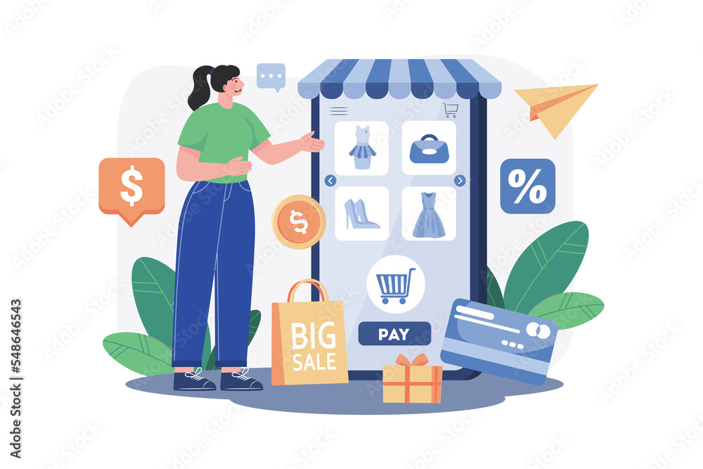 Online Shopping Application Illustration concept on white background Online Shopping Application Illustration concept on white background