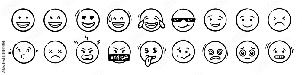 Doodle Emoji face icon set. Hand drawing. funny vector emotions. Doodle Emoji face icon set. Hand drawing. funny vector emotions.