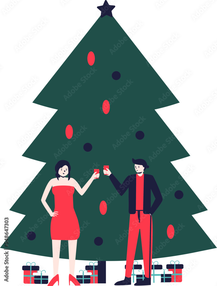 a couple of lovers wearing red and black clothes are celebrating Christmas with a Christmas tree and gifts
a couple of lovers wearing red and black clothes are celebrating Christmas with a Christmas tree and gifts