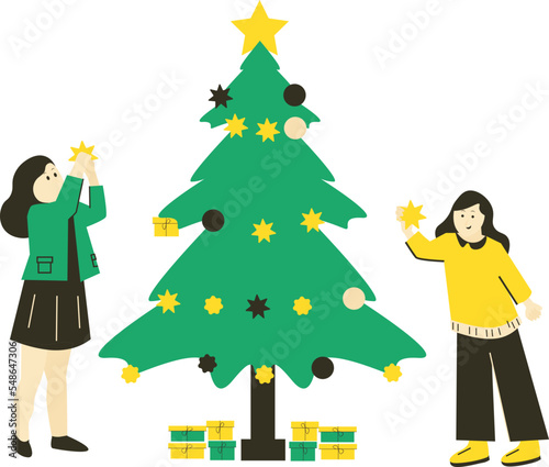 illustration of two sisters are decorating a Christmas tree with a black and yellow theme