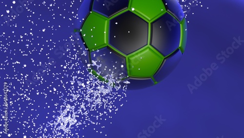 Black-Green Soccer Ball with Diamond Water Particles under Black-Blue Sky Lighting Background. 3D illustration. 3D high quality rendering. 3D CG.