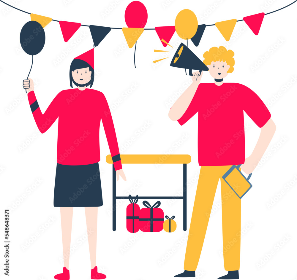 a couple standing holding balloons and a loudspeaker wearing pink clothes with decorations and birthday presents
a couple standing holding balloons and a loudspeaker wearing pink clothes with decorations and birthday presents