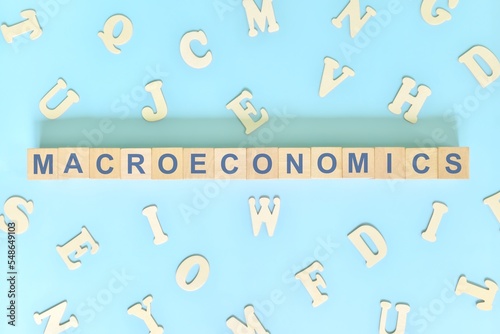 Macroeconomics concept in finance and economics. Word typography on wooden blocks flat lay. 