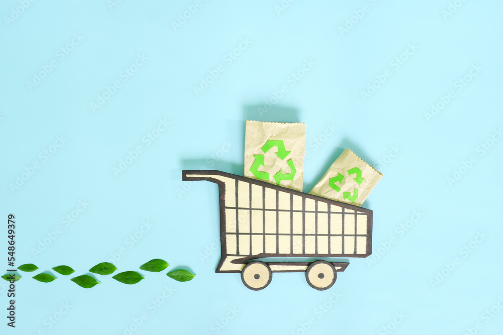 Environment friendly, sustainable, ecological shopping or consumerism and carbon footprint reduction concept. Shopping cart icon with fresh green leaves creative flat lay.