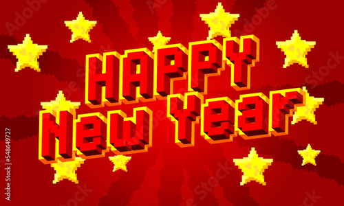 Happy New Year. Pixelated word with geometric graphic background. Vector cartoon illustration.