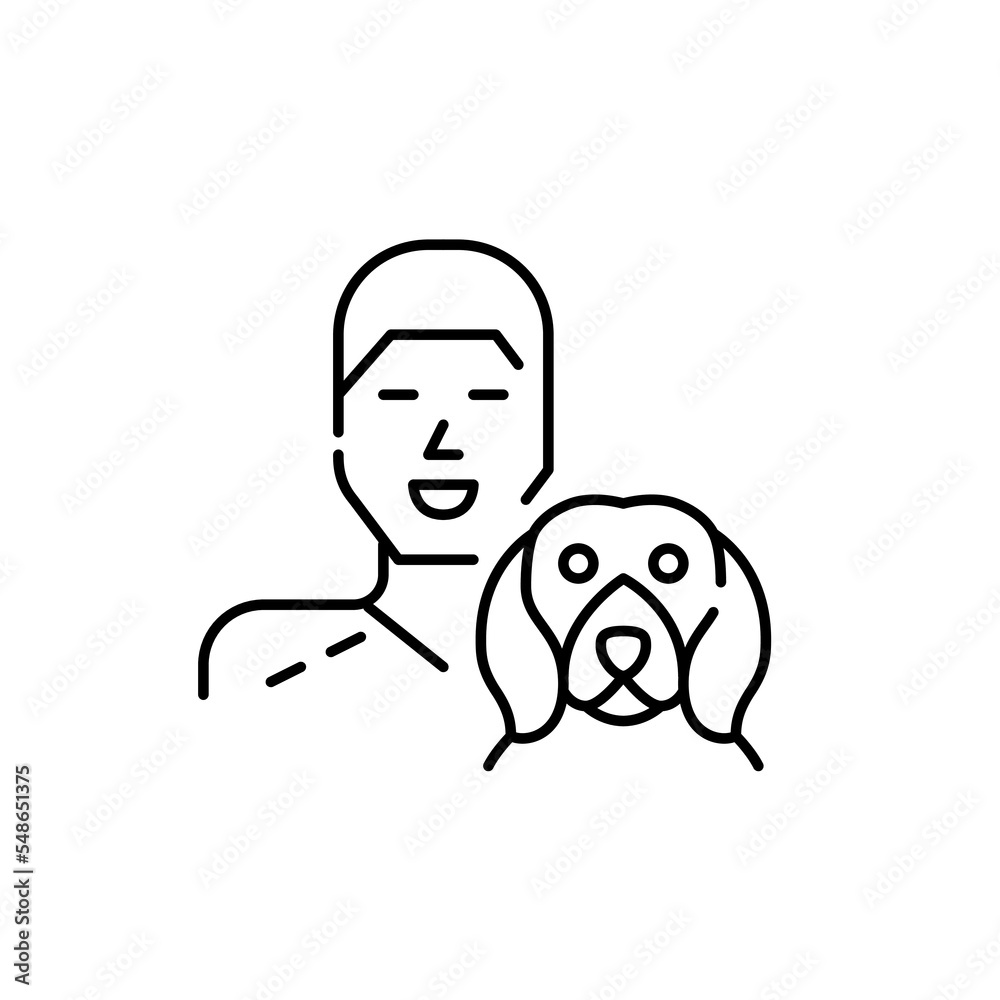 Smiling young man and his beagle dog. Pet lover icon. Pixel perfect, editable stroke Smiling young man and his beagle dog. Pet lover icon. Pixel perfect, editable stroke