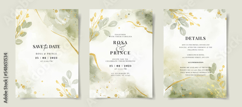 Elegant watercolor and leaves on wedding invitation card template