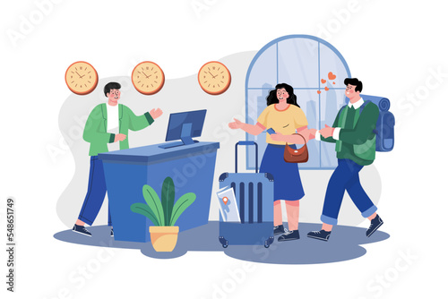Young Couple With Suitcases Is Standing At The Hotel Reception Desk