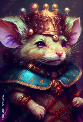 Fantasy cute anthropomorphic rat king in crown. Kids Manga Comic style. Cute Anime Kawai Details. Concept Art Book Illustration. Video Game Characters. Serious Digital Painting. CG Artwork Background 