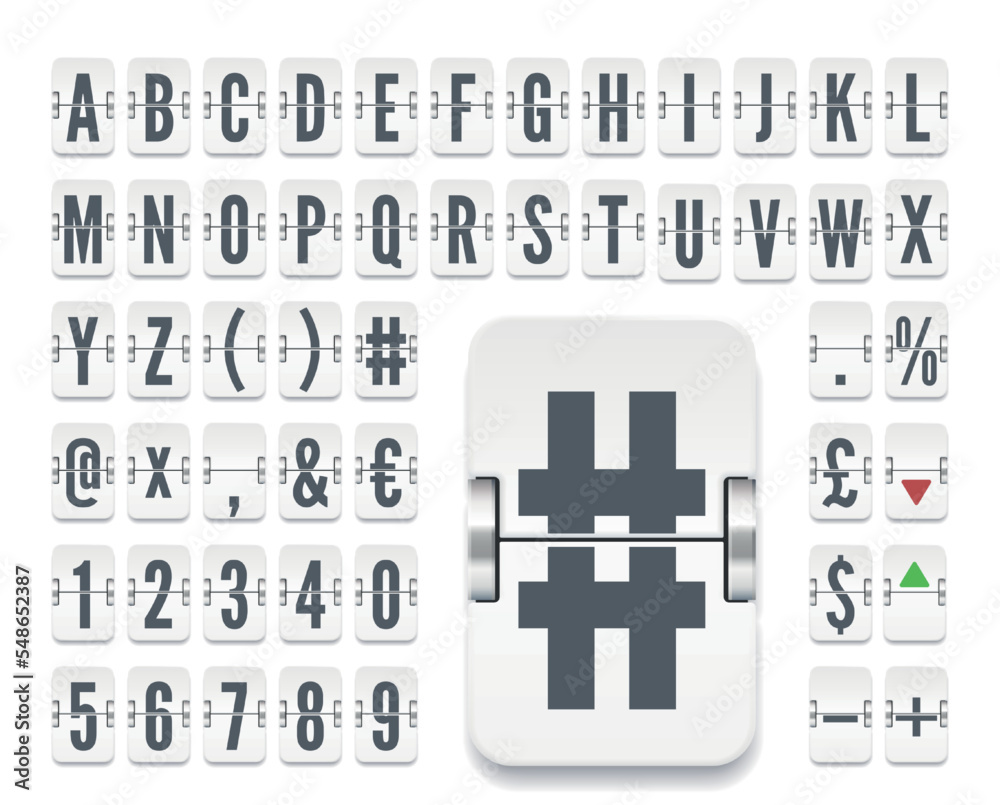 Obraz premium White airport terminal mechanical scoreboard font with numbers for stock exchange rates showing. Vector illustration. Airline flip board bold alphabet for flight destination or financial info