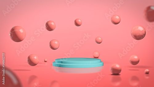 CLEAN PRODUCT SHOWCASE PODIUM WITH GLAMOUR SPHERES BACKGROUND PASTEL COLOR 3D RENDER