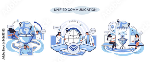 Unified communication metaphor. Social media creative idea. Online social network. Business interaction applications. Marketing time. Mobile computer gadgets for cooperations and information exchange