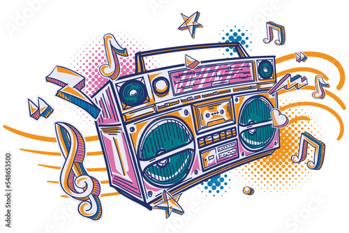 Music design - funky colorful drawn boom box tape recorder with musical notes