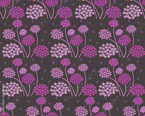 花模様のリピートパターン、アリウムのシームレスパターン、花模様のイラスト、アリウムフラワーの背景イラスト、星型の花のバックグラウンド、星型の花のベクターイラスト