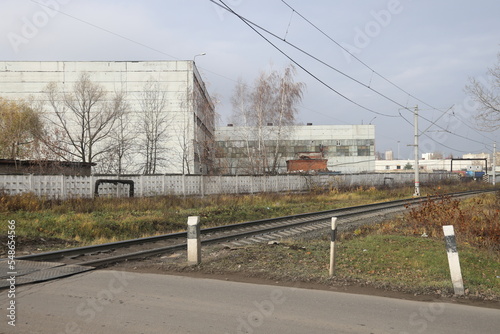 Railway crossing in tje industrial area, Moscow, November 2022.