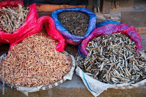 Market in Kathmandu with various dried fish