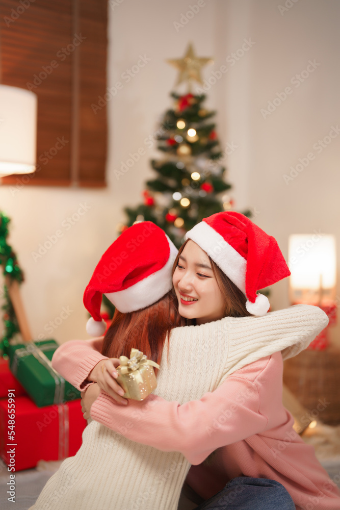 Christmas concept, Two women in santa hat hugging together and exchange gift in christmas festival