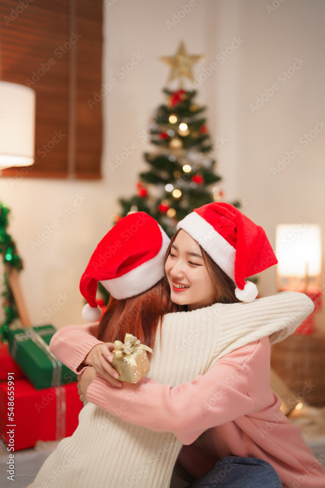Christmas concept, Two women in santa hat hugging together and exchange gift in christmas festival Christmas concept, Two women in santa hat hugging together and exchange gift in christmas festival