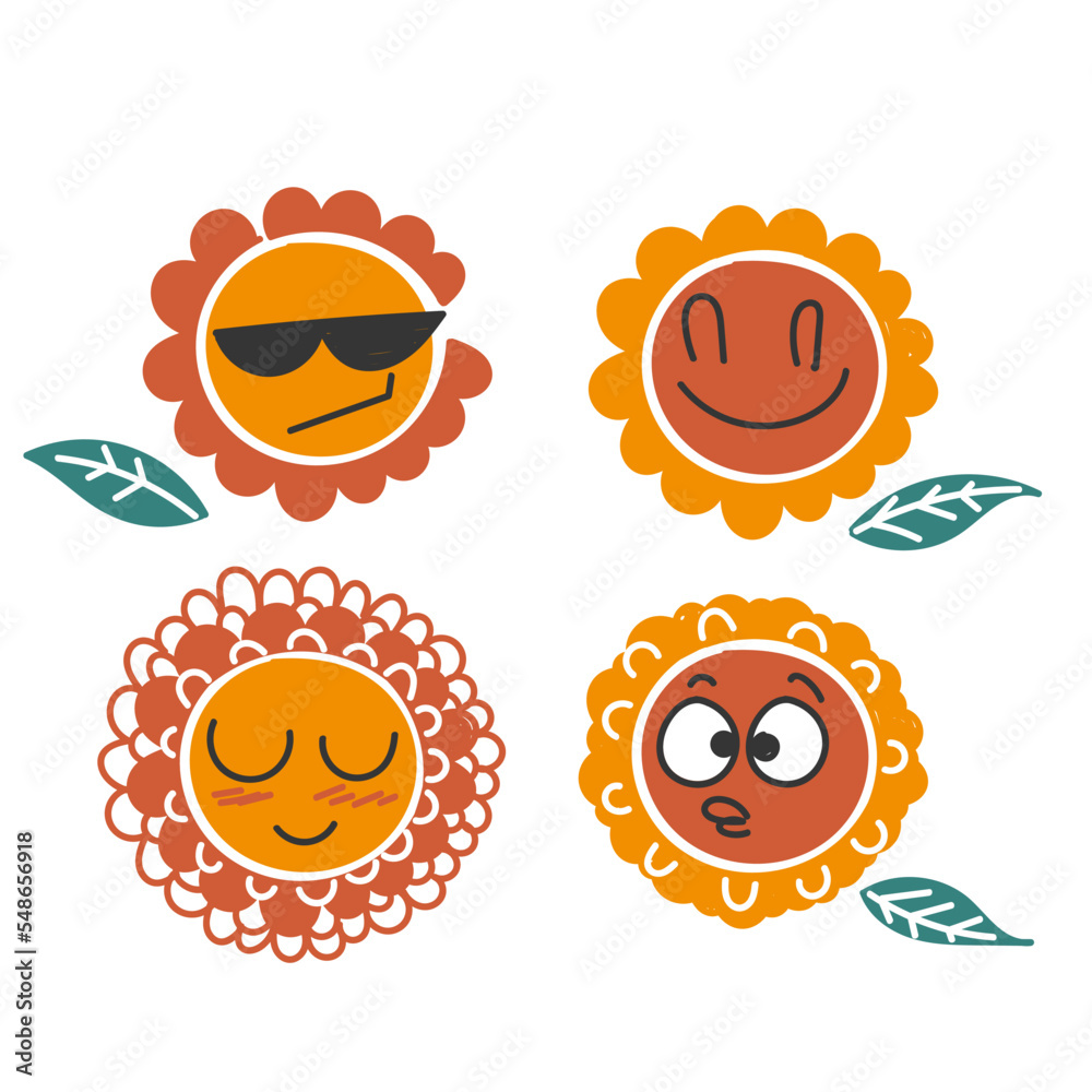 hand drawn doodle flowers with cartoon funny smiling faces illustration