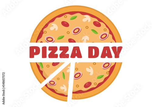 National Pizza Day on Celebration February 9 by Consuming Various Slice in Flat Cartoon Style Background Hand Drawn Templates Illustration