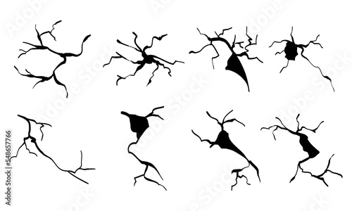 Hand drawn cracked wall, ground, glass, egg. doodle break set. vector illustration