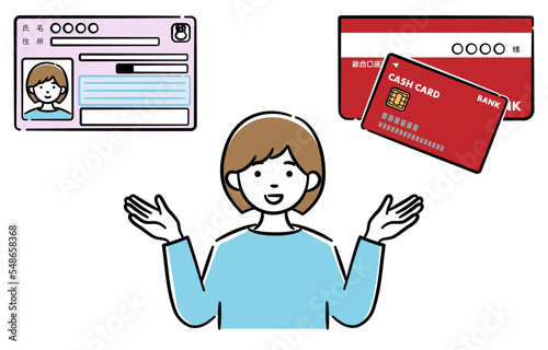 マイナンバーカードと公金受取口座の紐付けについて説明している若い女性のイラスト