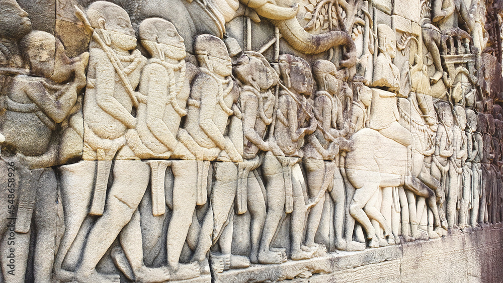 Wall sculpture of Bayon Temple in Cambodia