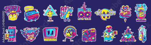 Retro rave stickers, comic patches with music record, mushrooms, Earth globe with atomic explosion, vintage cassette, pager, dinosaur, burger and tv, vector cartoon set isolated on background