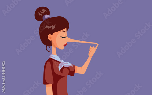 Dishonest Woman Telling Lies Growing Big Nose Vector Illustration. Embarrassed dishonest woman feeling ashamed after lying 