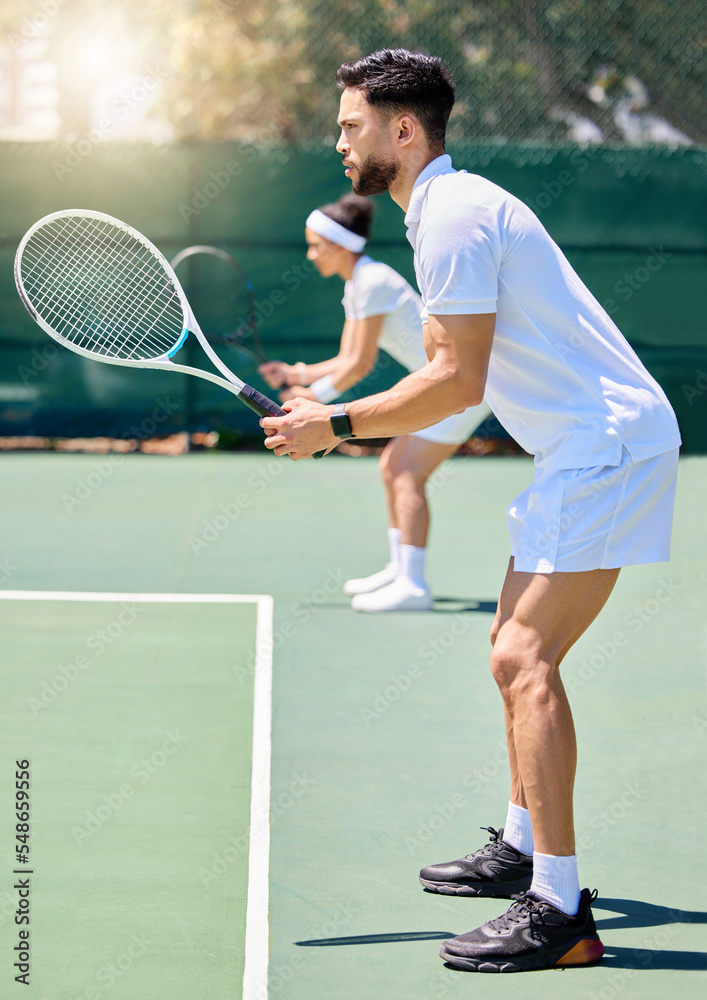 Fitness, teamwork and couple in a tennis partnership for a doubles workout game or training match in summer. Wellness, focus and healthy man playing on a tennis court outdoors with a sports partner