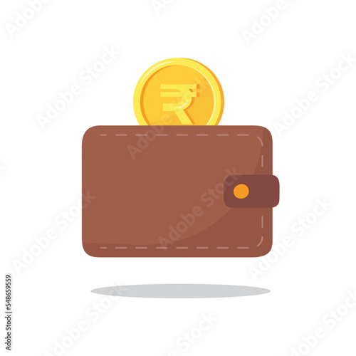 Wallet and coin with rupee sign isolated on white background. Vector illustration