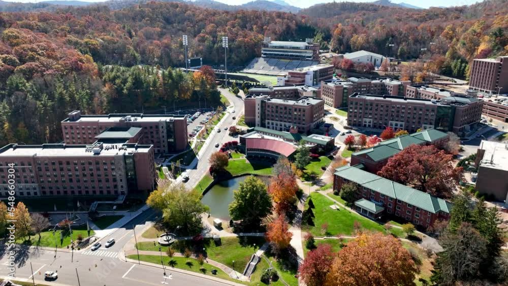 aerial pullout from kidd brewer football stadium on appalachian state university campus in boone nc, north carolina