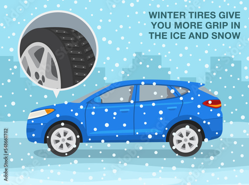 Safe car driving tips and traffic regulation rules. Winter season driving. Winter tires give you more grip in the ice and snow. Close-up of winter tire. Flat vector illustration template. photo