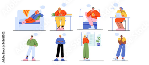 Set of pensive people isolated on white background. Flat vector illustration of young male and female characters with though bulbs, thinking, making decision, solving problem, having idea or dreaming